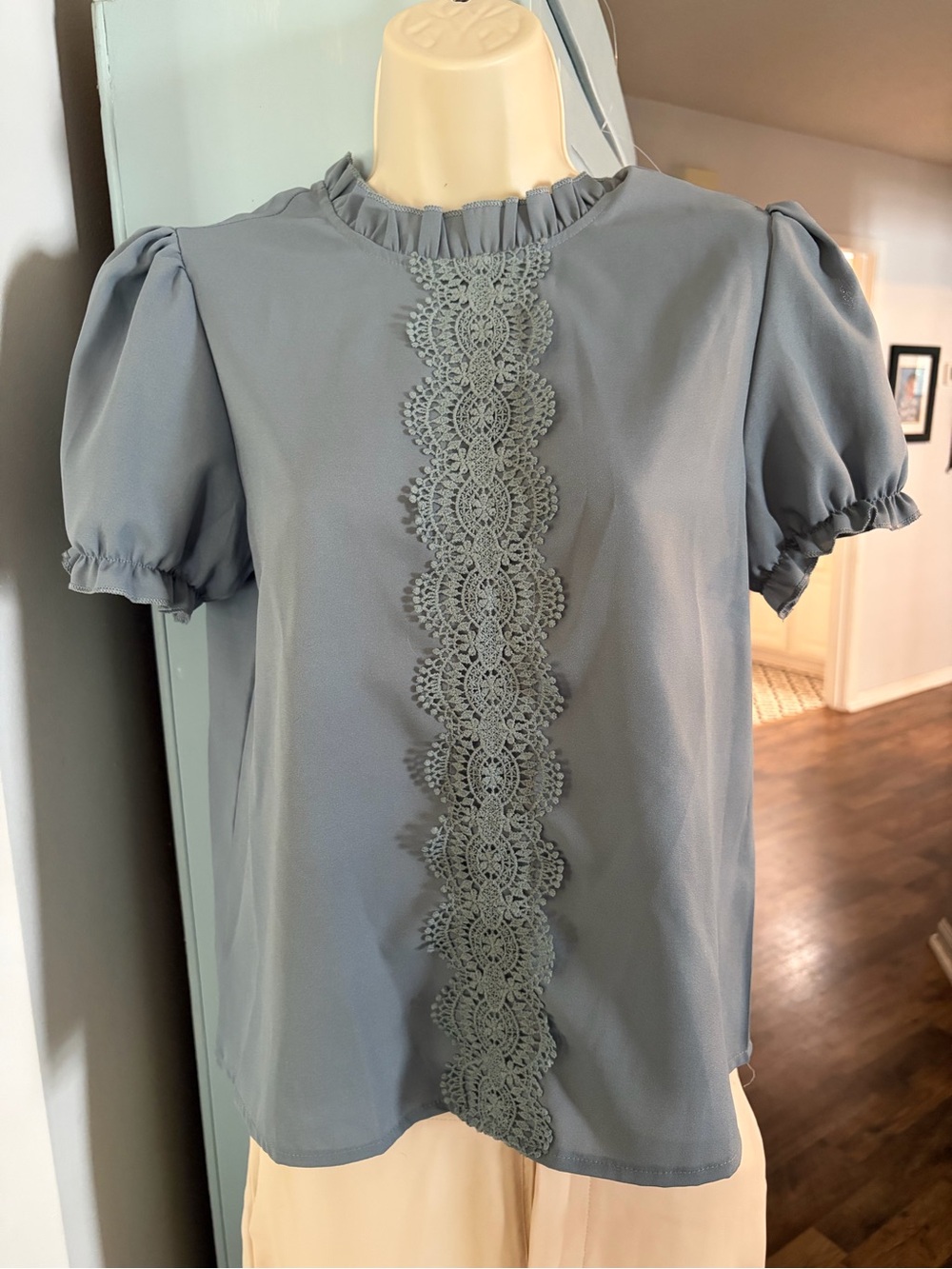 SHEIN Women’s Puff Sleeve Lace-Trim Blouse - Slate Green - SIZE 4
